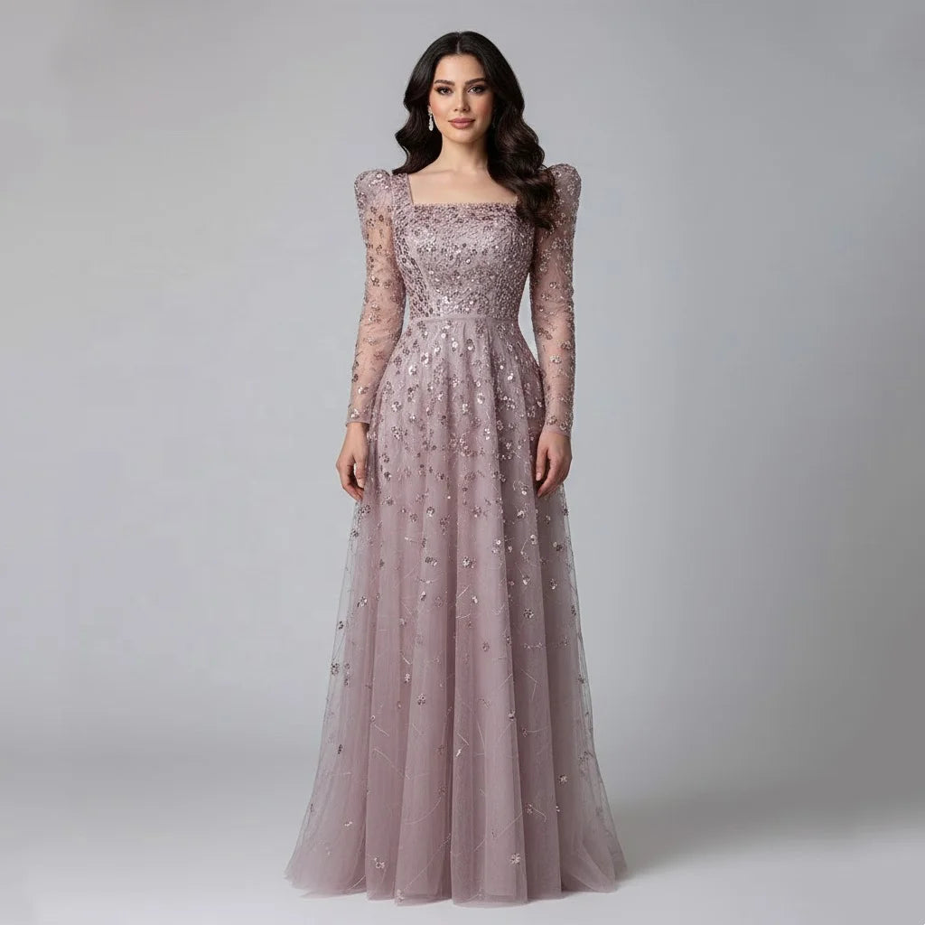Serene Hill LA71762A Pink Square Collar Long Sleeves A-line Evening Dresses Dubai Formal Party Gowns for Women Rts