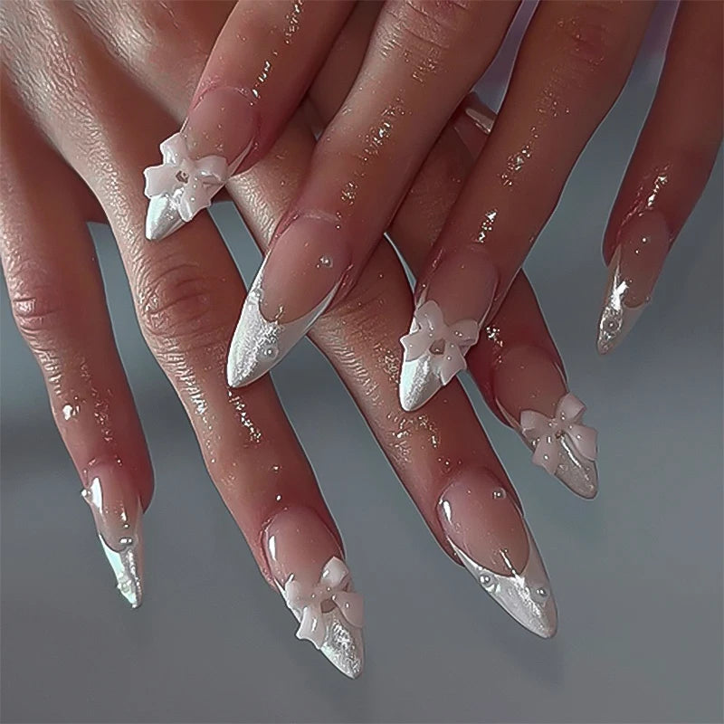 24 Pcs 3742 Elegant White and Nude Nail Tips with 3D Bows and Glitter Accents Medium Almond Press on Nails Artificial Fingernail