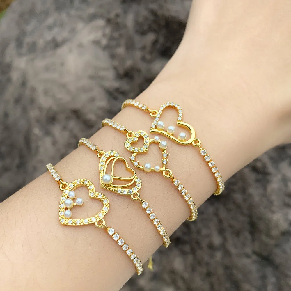 Tennis Pearl Cubic Zirconia Hollow Heart Bracelet Adjustable Bling Bling Full CZ Peach Heart Draw String Bracelet for Women