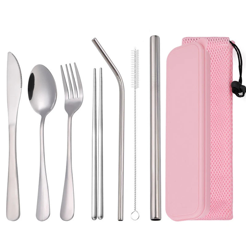 Customized Logo 18/10 Stainless Steel Portable Travel Cutlery Set Reusable Office Utensils with Case Flatware Sets