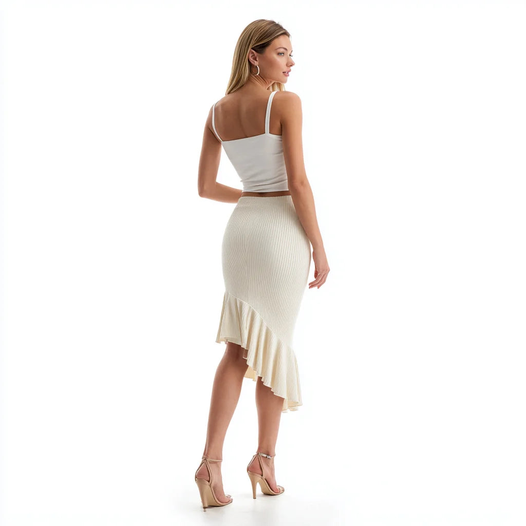 Ribbed A-Line Knitted Woolen Solid Eco-Friendly Midi Skirt Lace Decoration Formal Asymmetrical Hem Breathable Wrap Pencil Design