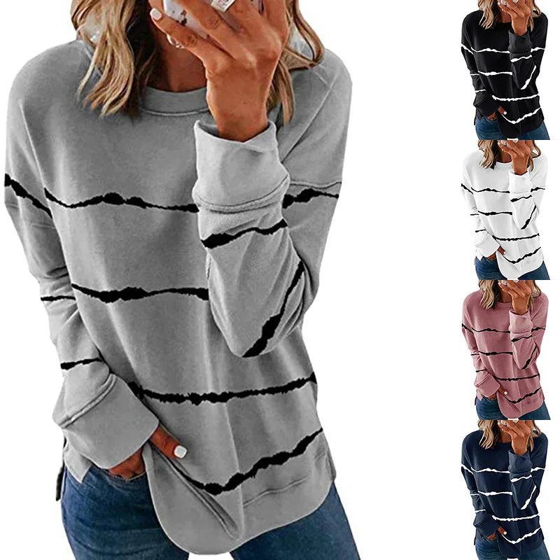 Wholesale Women's Tie-dye Printed Striped Round Neck Loose Long Sleeve T-shirt Blouse