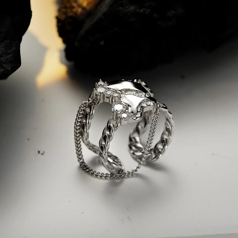 Chain Set Zircon Index Finger Ring Female Ins Wind Open Fringe Double Layer Ring Icebela Jewelry 925 Sterling Silver CLASSIC