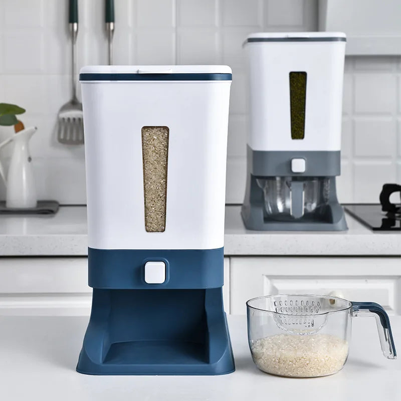 Modern 10kg Kitchen Food Box Automatic Metering PP Rice Bucket Household Moisture-Proof Sealed Storage Rectangle Shape Plastic