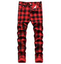 Fashion Ripped Plaid Spliced Printed Red Washed Street Wear Casual Pantalones De Hombre Jeans