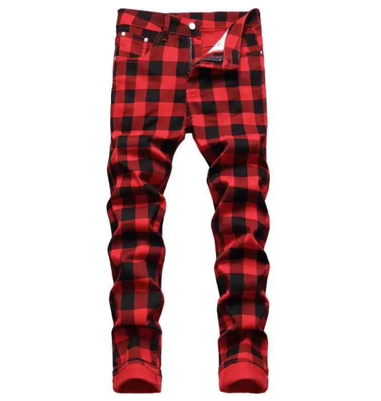 Fashion Ripped Plaid Spliced Printed Red Washed Street Wear Casual Pantalones De Hombre Jeans