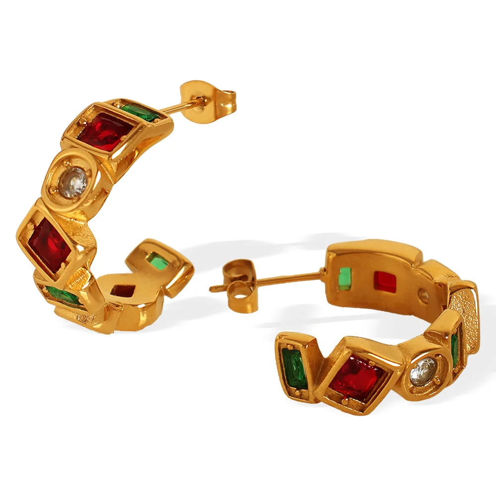 Hot Sale Exaggerated Design Earrings High-Grade Natural Colorful Zircon Stone Inlaid Huggie Earrings Jewelry 18k Gold Plated