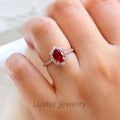 Luster Jewelry S925 10k 14k 18K Rose Gold Small Round White Moissanite Halo Red 6x8mm Oval Cut Lab Ruby Ring