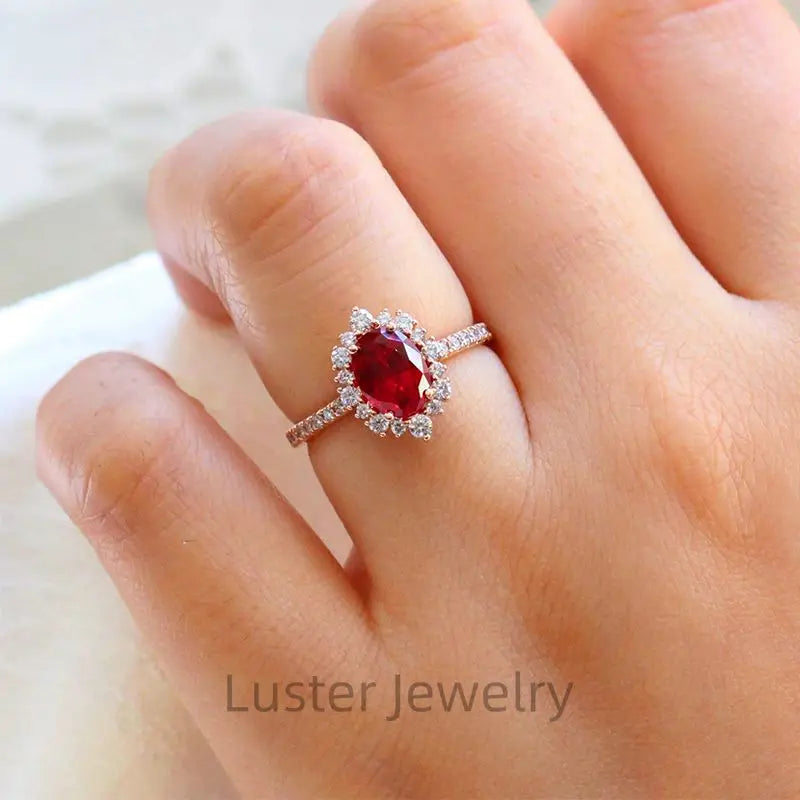 Luster Jewelry S925 10k 14k 18K Rose Gold Small Round White Moissanite Halo Red 6x8mm Oval Cut Lab Ruby Ring