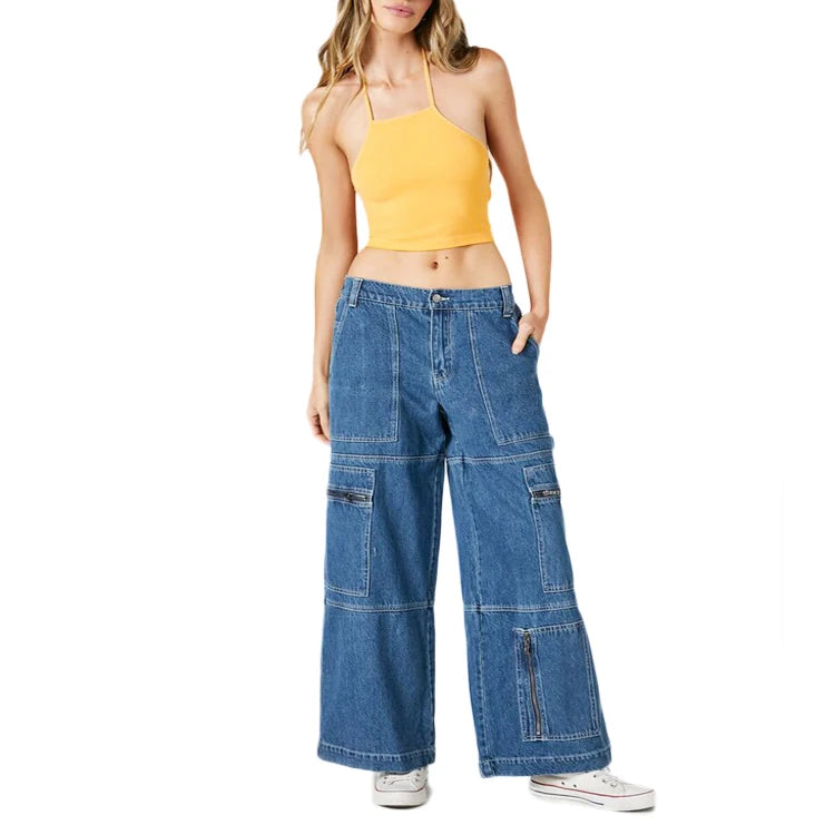 Custom Women's Loose Fit Cargo Wide Leg Jeans Low Waist Boyfriend Baggy Denim with Multi-Bag Button Decoration for Street Wear