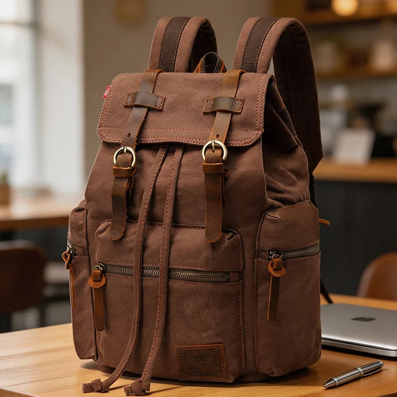 Guangzhou Factory Wholesale Men's Vintage Anti-Theft Laptop Backpack with Genuine Leather Canvas MegaBDM