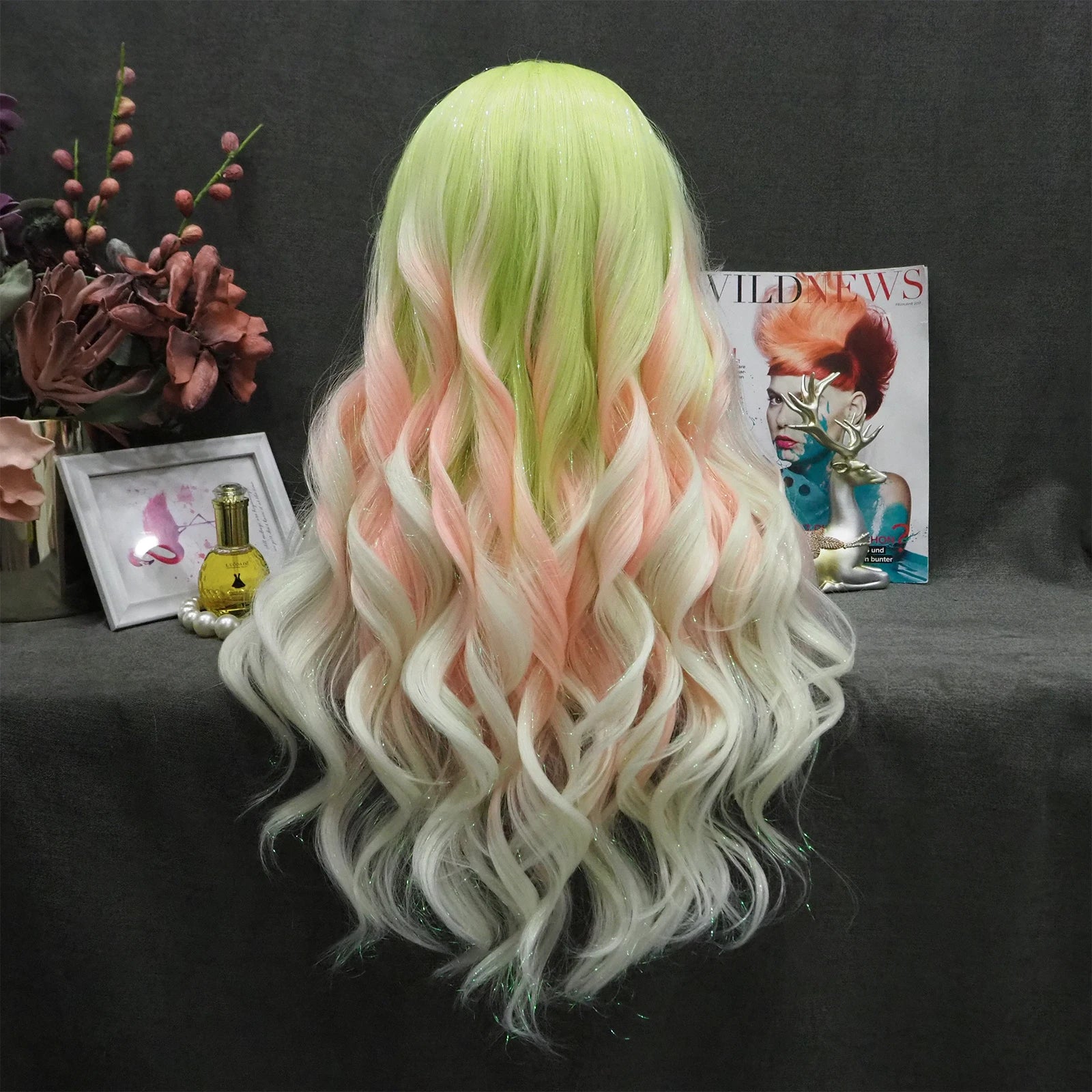 Celebrity Tinsel Rainbow Glitter Lace Front Wigs Matte Heat Resistant Fiber Synthetic Hair Lace Front Wigs for Fashion Women