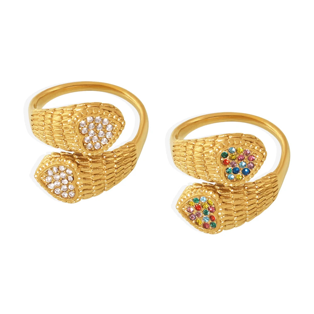 Fashion  Stainless Steel Serpentine Double Heart Hand-set Color Zircon Adjustable Ring