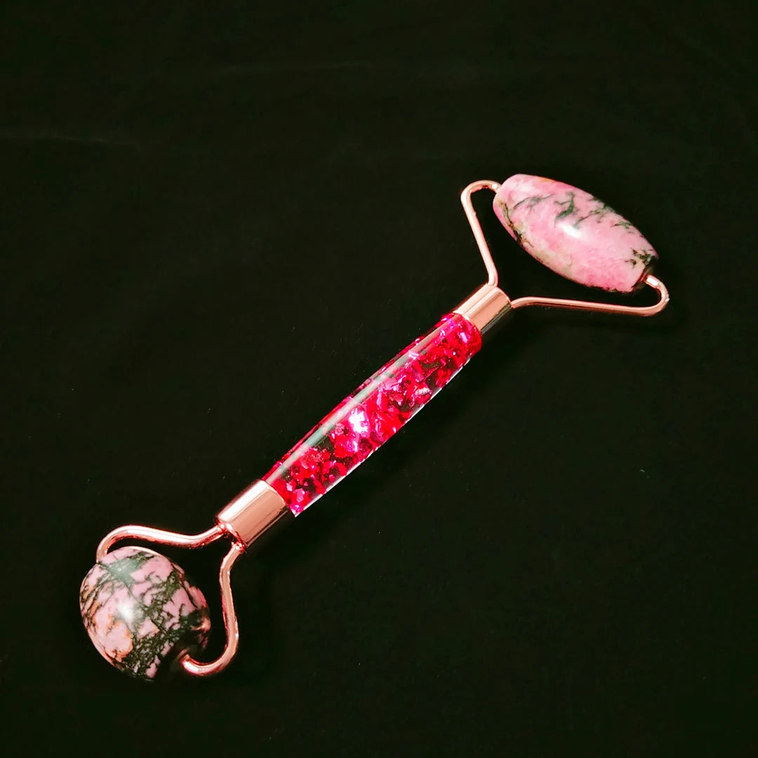 HY Double roller flower handle facial slimming massager rhodonite jasper facial jade roller