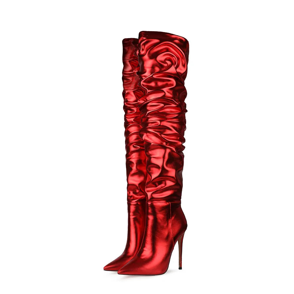 Private Label Women Long Boots Stiletto Heels Ladies Red Color Pull-on Pole Dancing Thigh High Boots MegaBDM