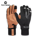 WEST BIKING Thermal Full Finger PU Leather Racing Bike Gloves Windproof Warm Fleece Mountain Motorcycle Cycling Gloves
