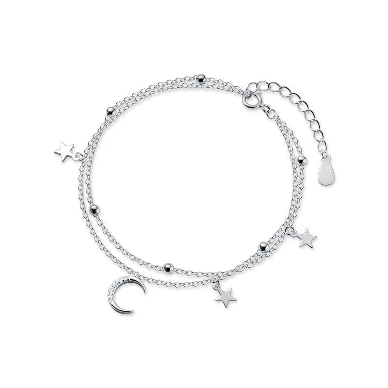 925 Silver Bracelets Summer Moon Star Zircon Double Layer Bracelets Fashion Jewelry Bracelets for Women Girls