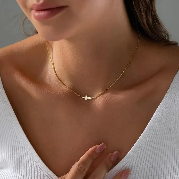 Minimalist 18K Gold Plated Cross Necklace Dainty Tiny Stainless Steel Sideway Cross Choker Necklace Jewelry for Women