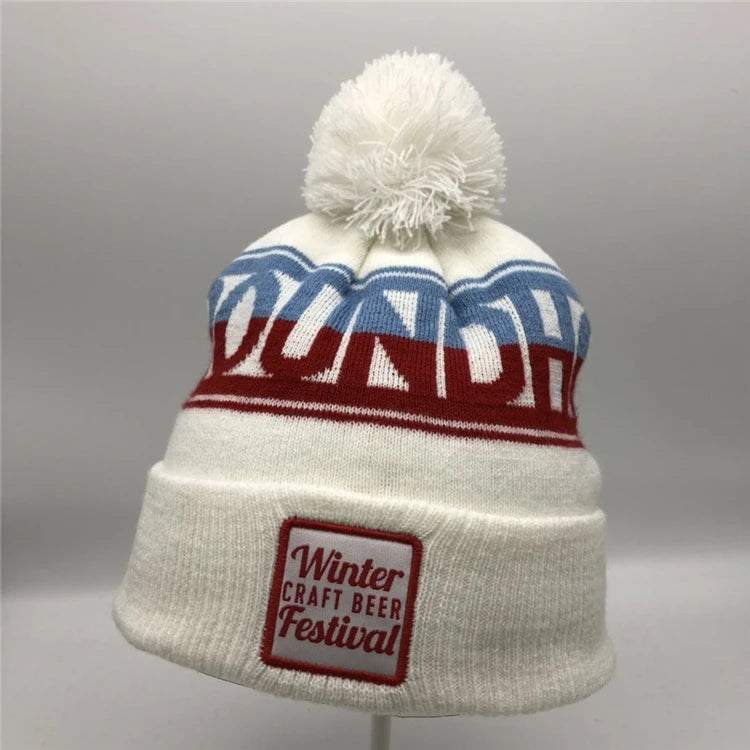 Fashion Custom Embroidered Beanie Jacquard Knitted Beanie Hat with Pom Om Ball Bobble Jacquard Winter Beanie for Keeping Warm