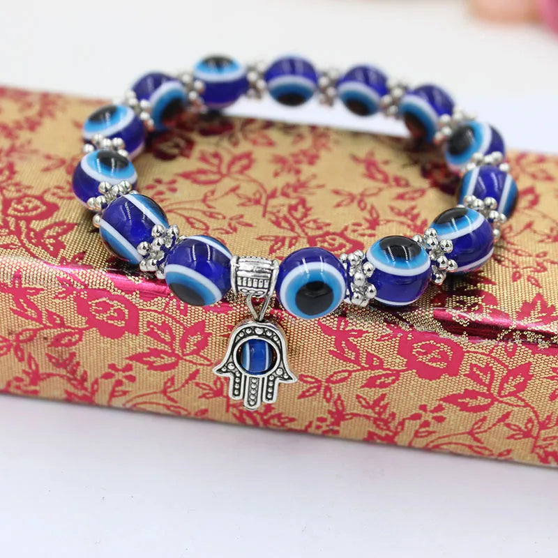 Hot 10mm Turkey Evil Eyes Beaded Stretch Charm Bracelet HAMSA Pendant Adjustable Handmade Resin Jewelry