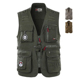 Men's Casual Vintage Mesh Vest Breathable Quick Dry Lightweight Outdoor Fishing Jacket Zipper V-Neck Collar Multi Pockets Summer