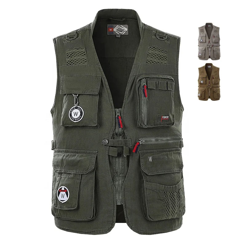 Men's Casual Vintage Mesh Vest Breathable Quick Dry Lightweight Outdoor Fishing Jacket Zipper V-Neck Collar Multi Pockets Summer