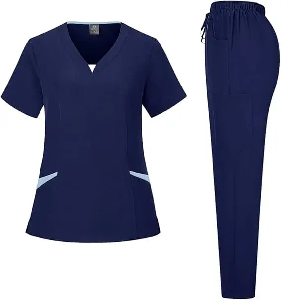 72% Recycled Polyester 23% Viscose 5% Spandex V Neck Top Pants Custom Logo Hospital Uniform