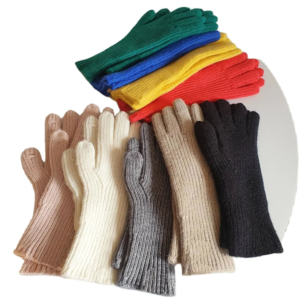 New winter ins solid color knitted gloves men's and women's warm touch screen wool gloves