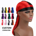 Custom Logo Solid Color Silky Satin Trendy Outdoor Sunscreen Durags Headwraps Designer Pirate Cap Waves Turban Long Tail Men All