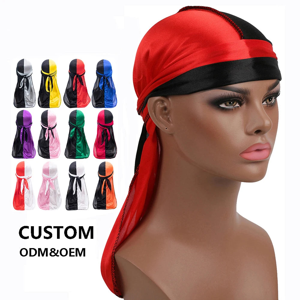 Custom Logo Solid Color Silky Satin Trendy Outdoor Sunscreen Durags Headwraps Designer Pirate Cap Waves Turban Long Tail Men All