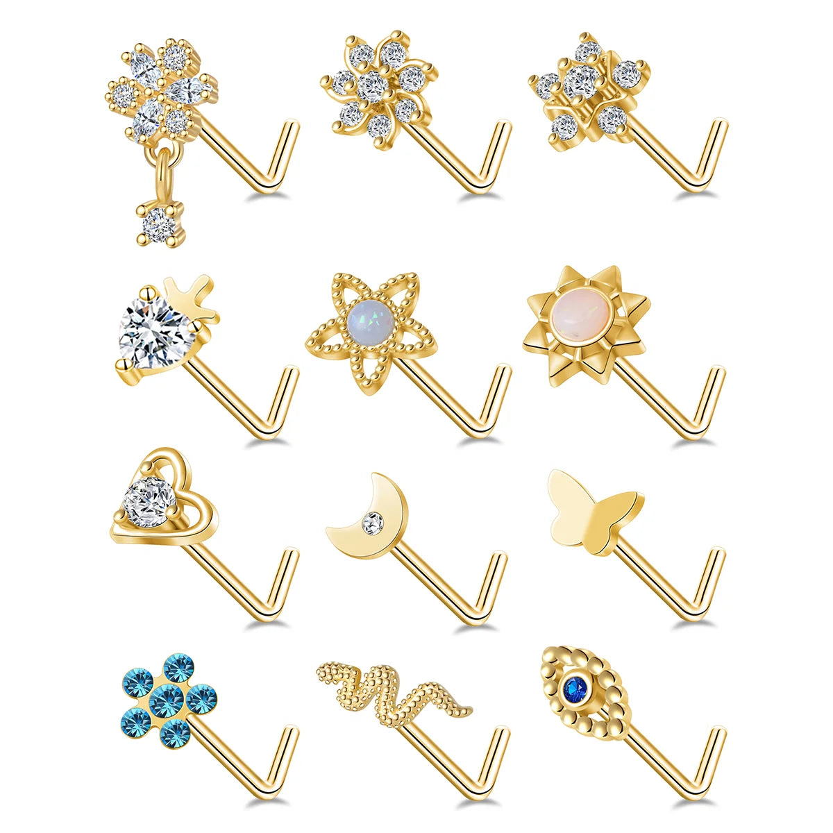 ZF Hot Sales Nose Rings Stud Stainless Steel Nose Piercing Jewelry CZ Heart Moon Butterfly Nose Rings Studs Gold Silver Tone