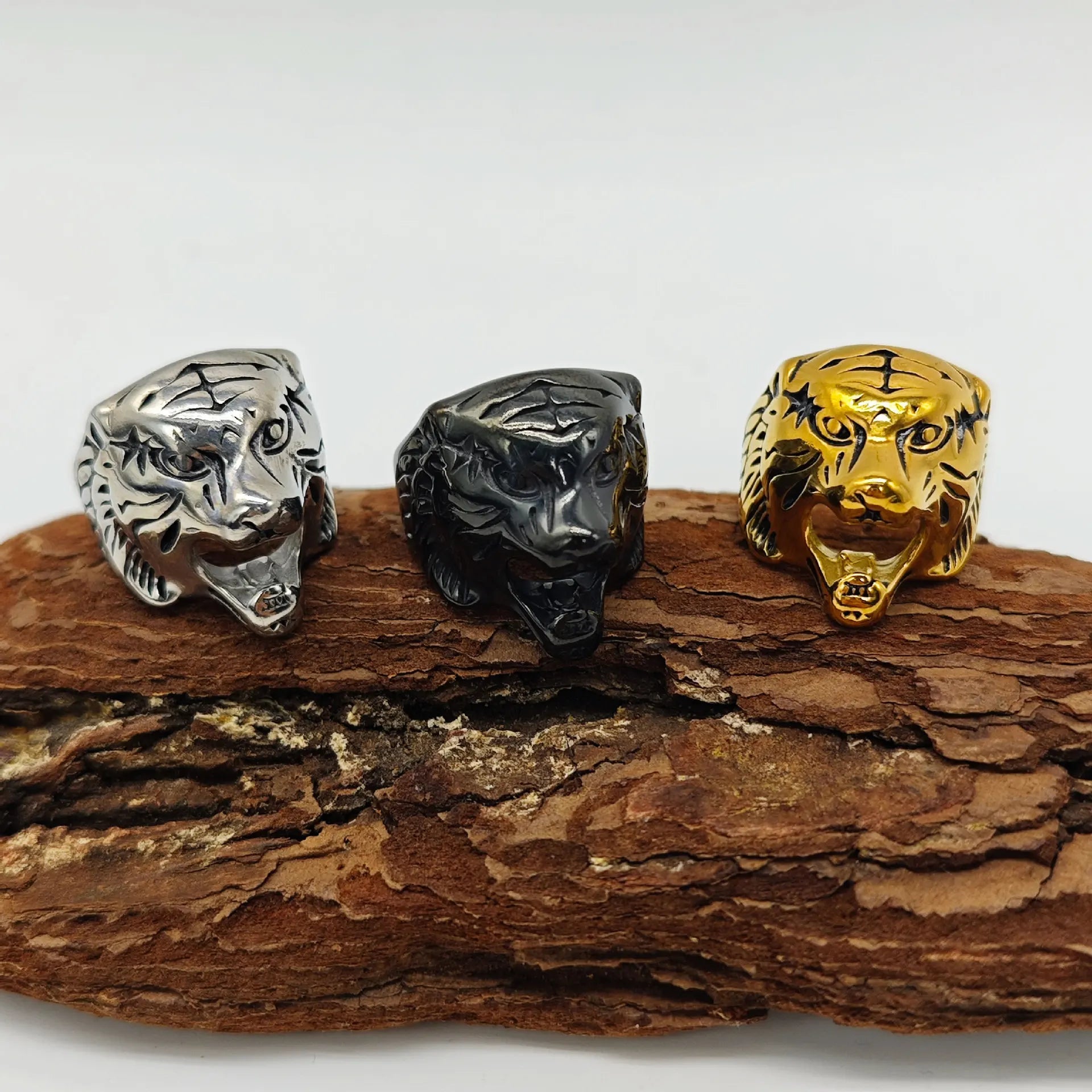 Hip Hop Tiger Ring Gold Silver Black Plated Stainless Steel Chunky Animal Tiger Ring Punk Jewelry Men Women Gift
