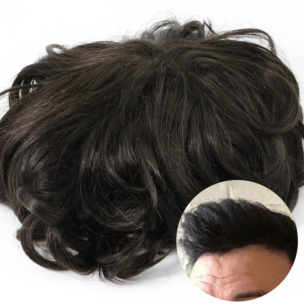 Indian Remy Human Hair Lace Closure Men's French Lace Hair Toupee Topper with 3.2cm Wave and Natural Graduated Hairline