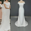 8842#Boat Neck Bohemian Cap Sleeves Vintage Sweep Train Backless Off-Shoulder Sheath Soft Satin Simple Wedding Dress Bridal Gown