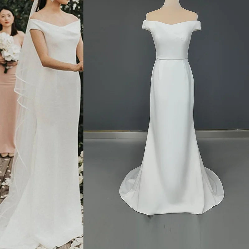 8842#Boat Neck Bohemian Cap Sleeves Vintage Sweep Train Backless Off-Shoulder Sheath Soft Satin Simple Wedding Dress Bridal Gown