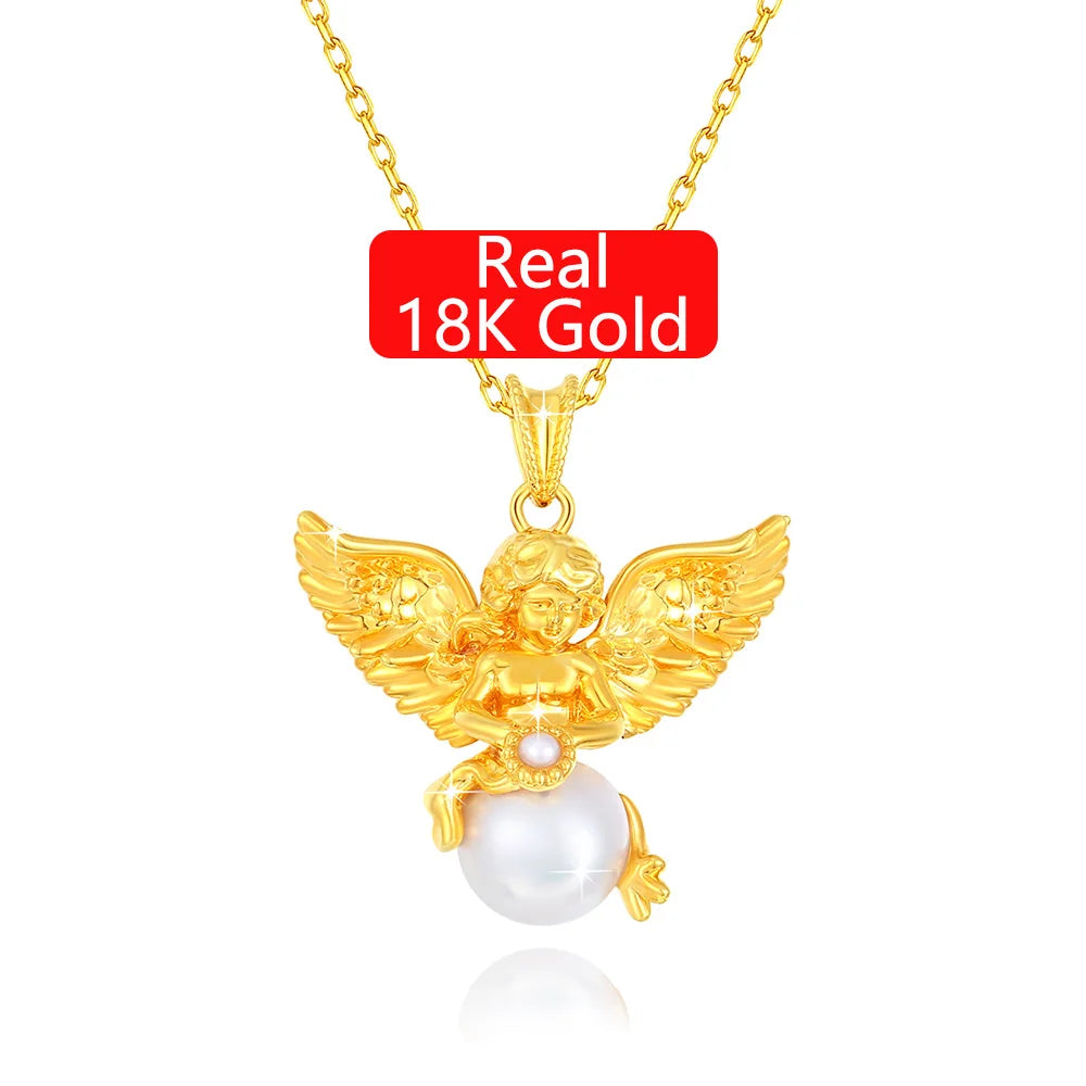 Luxury Gold Jewelry Women's 5D 18K Gold Freshwater Pearl Flower Shape Cute Gift Lovely Angel Pendant SZJINAO