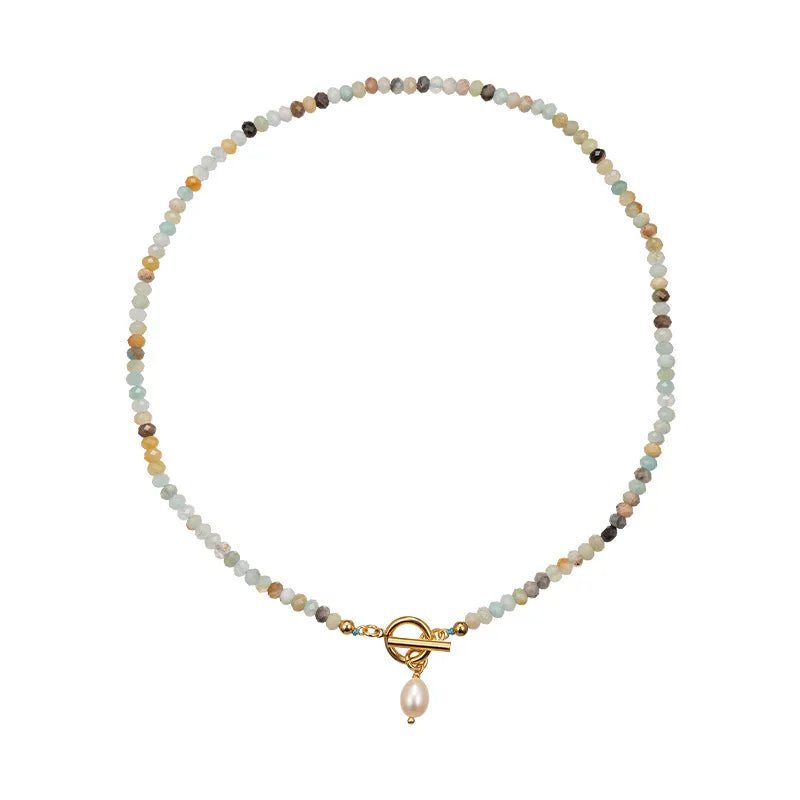 Cheap Price Light Aquamarine Gemstone Beads Necklace 18k Gold Plated OT Clasp Pearl Pendent Weeding Necklace for Women