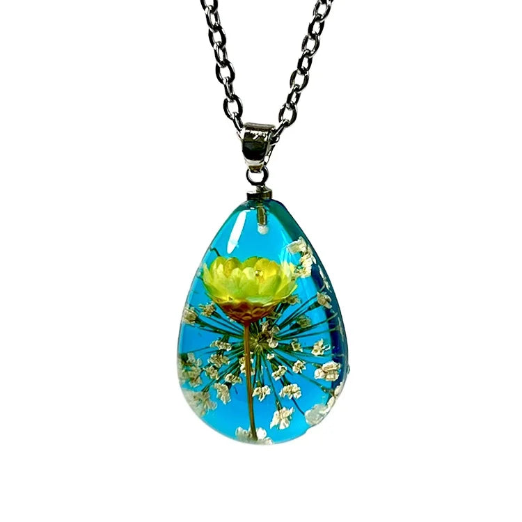 Boho Floral Resin Preserved Flower Jewelry Bohemian Resin Charms Real Dried Flower Necklace Art Pressed Flower Necklace