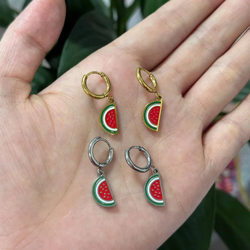 2025 Cute Enamel Watermelon Palestine Earrings Fruit Mini Hoop Earrings 18K Gold Plated Stainless Steel Earrings Jewelry
