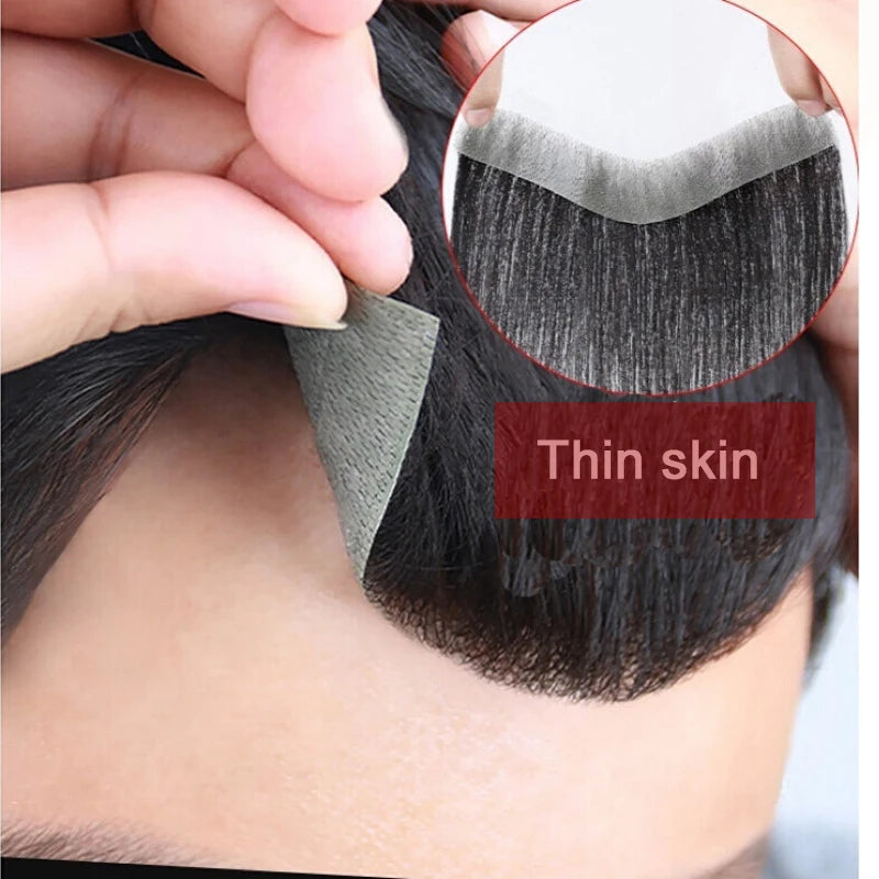 LONGFOR Ready to Ship PU Front Wig Natural Thin Skin Mens Remy Hair Toupee Chinese Hair Straight 28mm Black Color Replacement