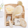 Promotional Wood Shelf Box 8pcs Bath Accessory Set Body Brush /comb Wooden Box Spa Set /Bath Gift Set