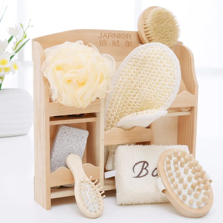 Promotional Wood Shelf Box 8pcs Bath Accessory Set Body Brush /comb Wooden Box Spa Set /Bath Gift Set