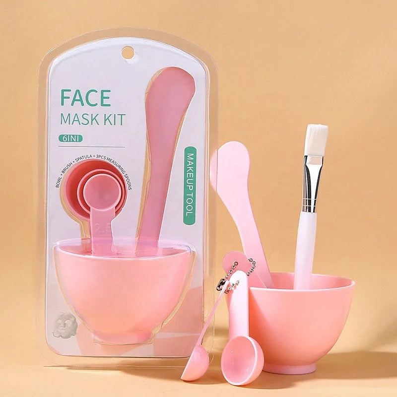 Pink Green 6-Piece Flexible Face Facial Mask Cosmetic Mixing Brush and Bowl Set with Screen Printing PE/PP Material