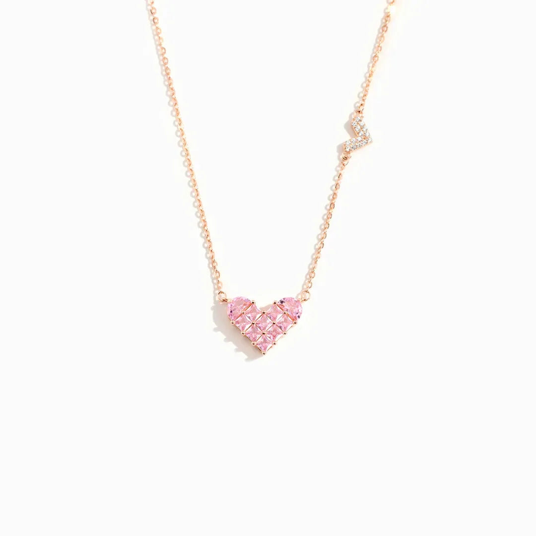 Ins French Style Fashion Brass Gold Plated Jewelry Shiny Pink Cubic Zircon Heart Love Valentine Day Necklace