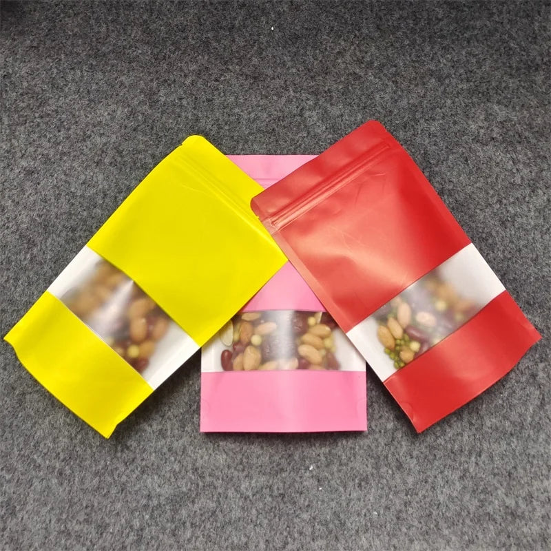 Custom Heat Sealable Multi Color Candy Cake Tea Stand up Packaging Kraft Paper Bag With Window and Zipper