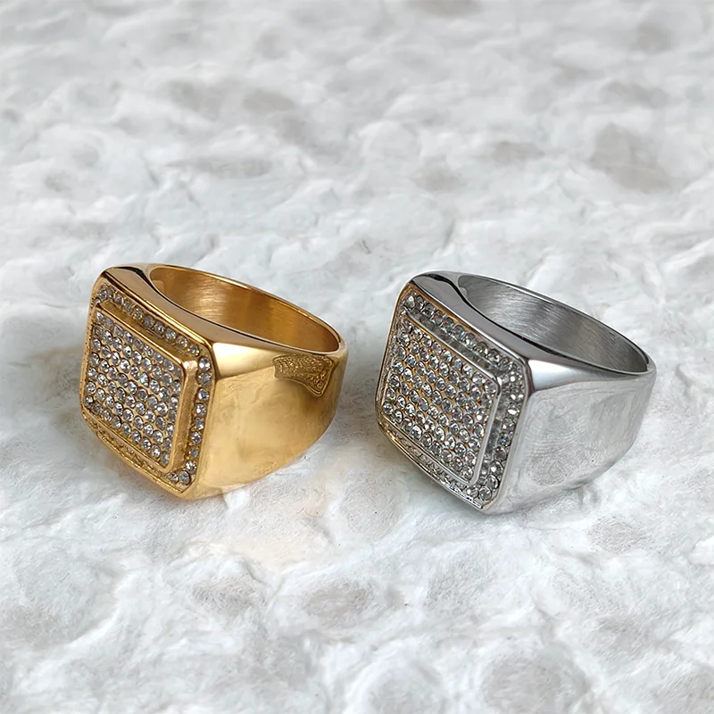 Hip Hop 18K Stainless Steel Gold Plated Cubic Zirconia Chunky Ring Men Jewelry Iced Out Diamond Moissanite Rings for Men