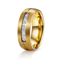 OAHLAN Men's 8mm Cubic Zircon Inlay Wedding Anniversary Gold Plated Grooved Brushed Tungsten Carbide Classic Engagement Rings