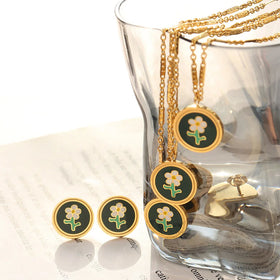 2024 New Stainless Steel Water Drop Oil Flower Necklace Earrings Fashion Jewelry Collier Acier Inoxydable Bijoux