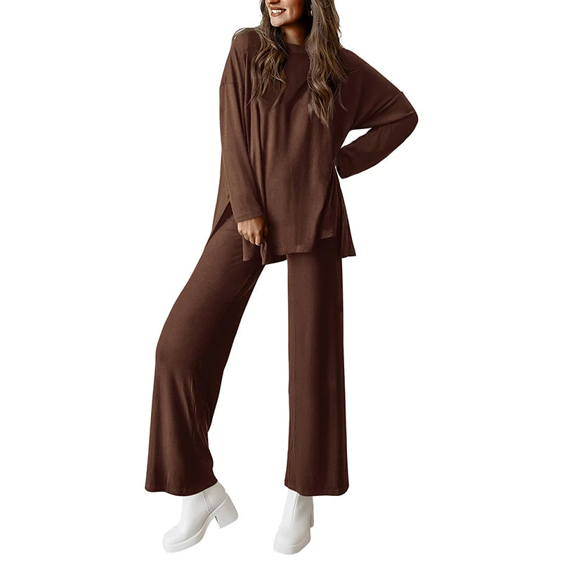 Autumn Women's Casual Set Long Sleeve Knitted Loose Plus Size O-Neck Top and Trousers Solid Color Breathable Pajamas
