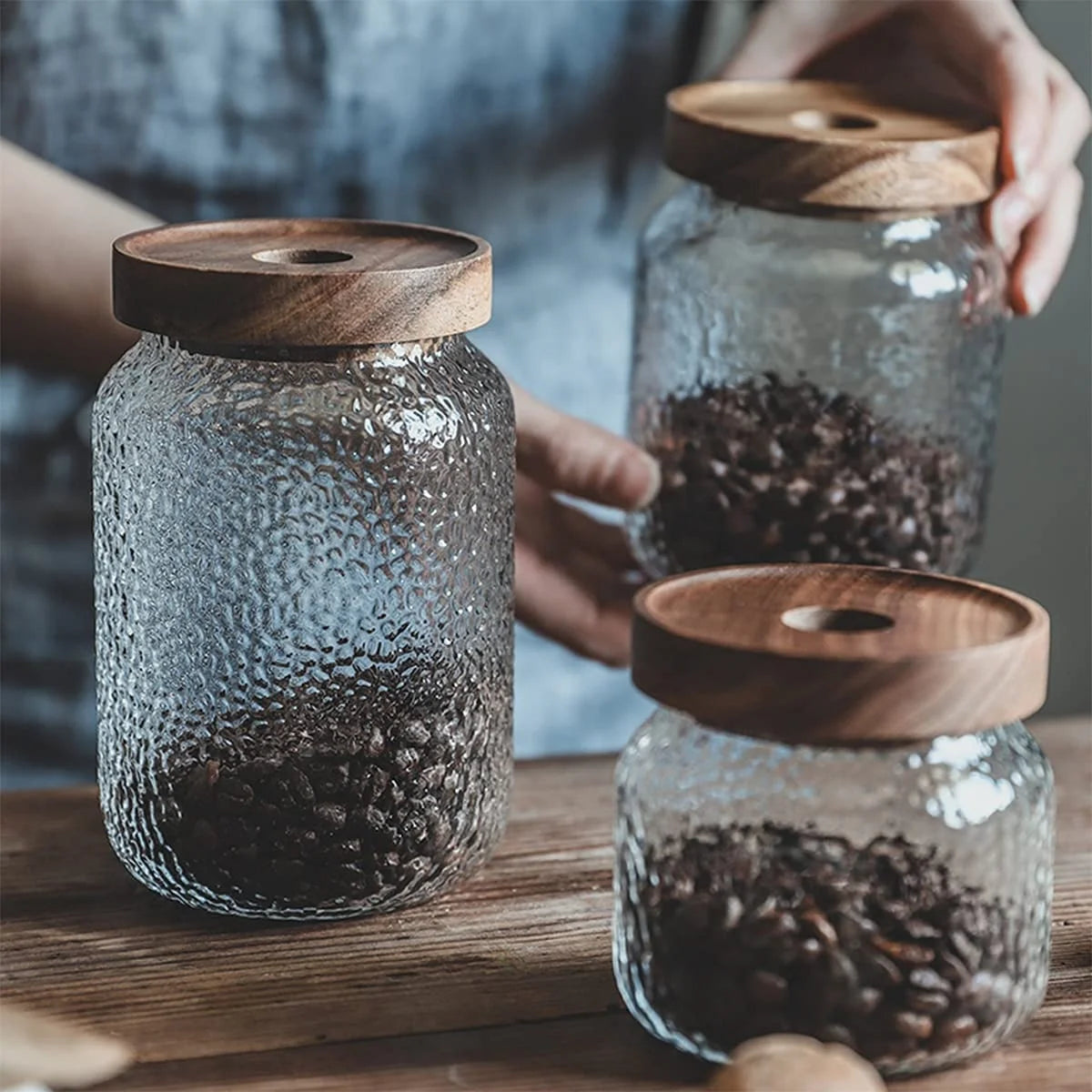Glass Storage Jar Food Storage Container Airtight Food Jars with Acacia Wooden Lid